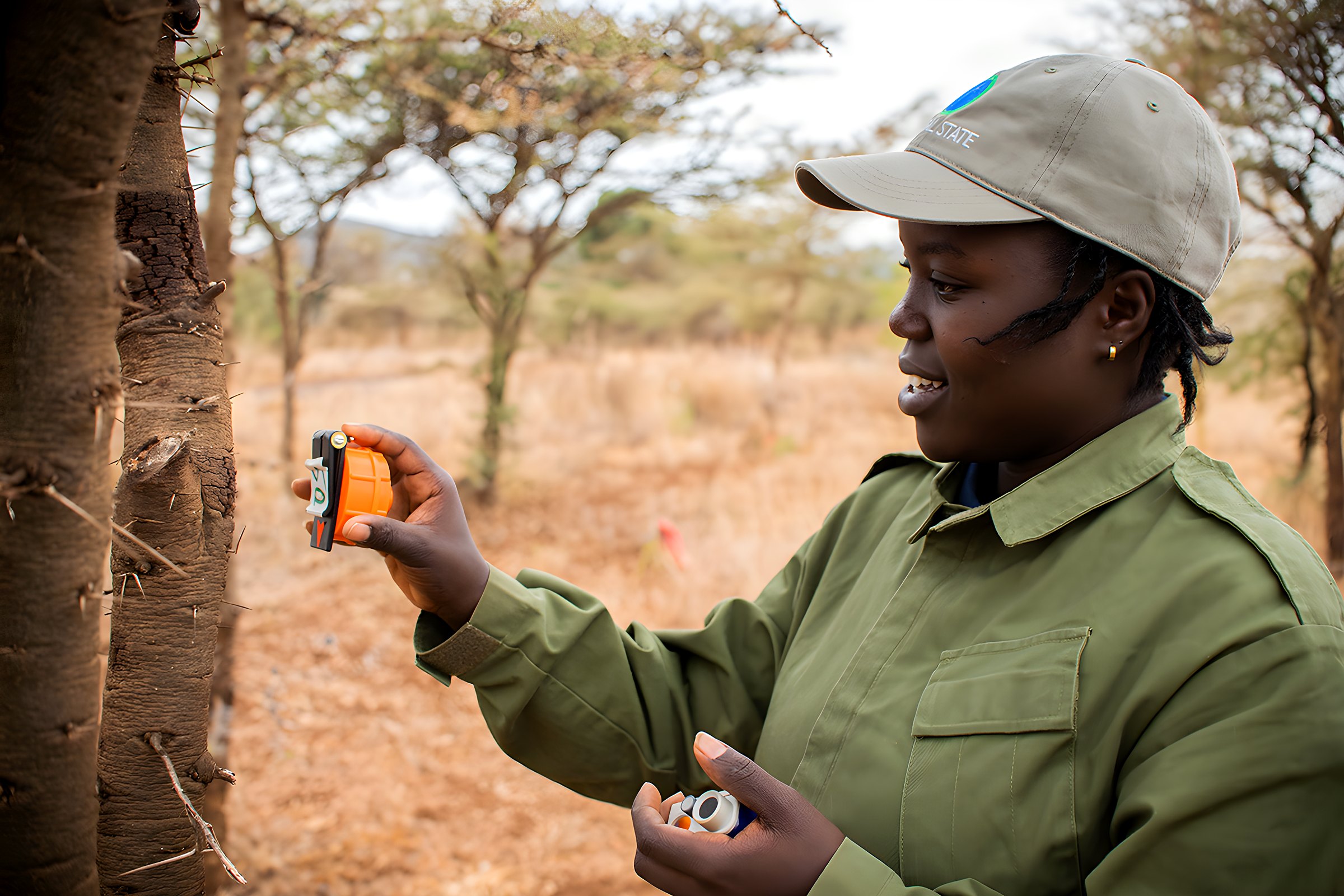 A field researcher setting an acoustic sensor